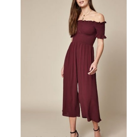 smocked off the shoulder jumpsuit